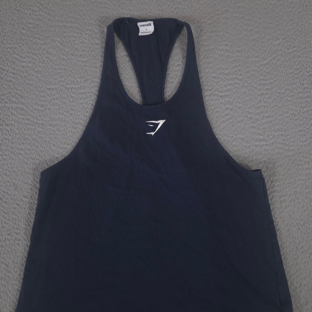 Gymshark Shirt Mens L Navy Critical Stringer Cotton Blend Logo Tank Top Workout